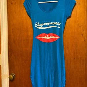 Blue Graphic T-Shirt Dress with Red Lips